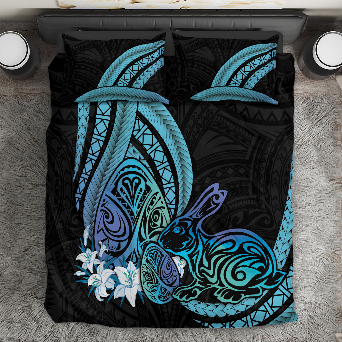 Turquoise Polynesia Easter Day Bedding Set Eggs With Bunny Polynesian Pattern