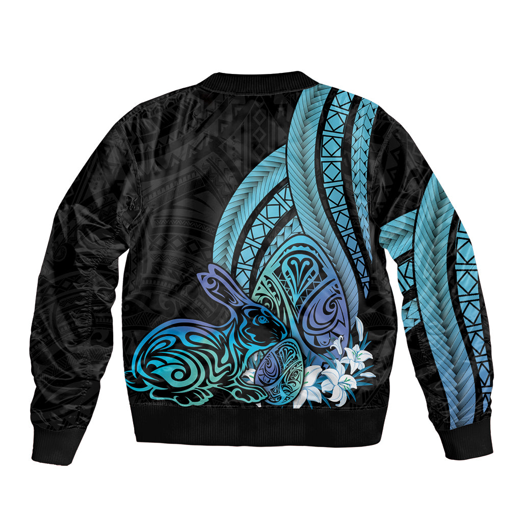Turquoise Polynesia Easter Day Bomber Jacket Eggs With Bunny Polynesian Pattern