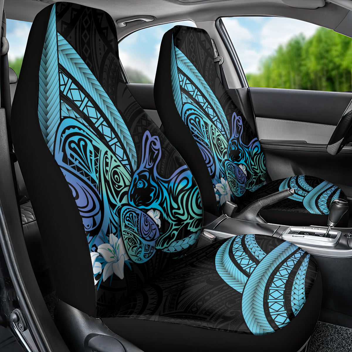 Turquoise Polynesia Easter Day Car Seat Cover Eggs With Bunny Polynesian Pattern