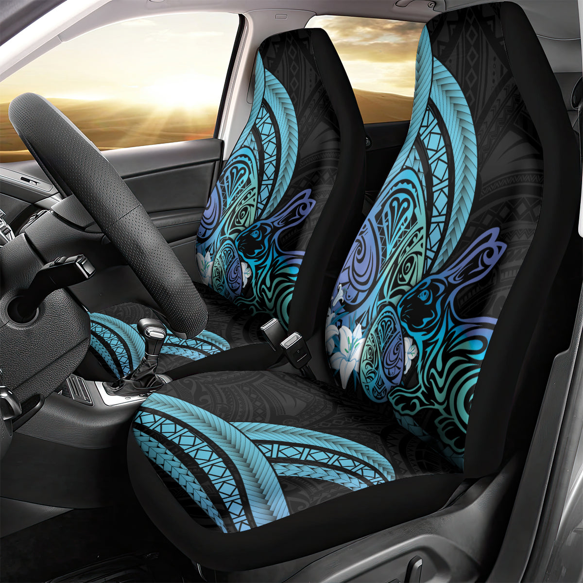 Turquoise Polynesia Easter Day Car Seat Cover Eggs With Bunny Polynesian Pattern