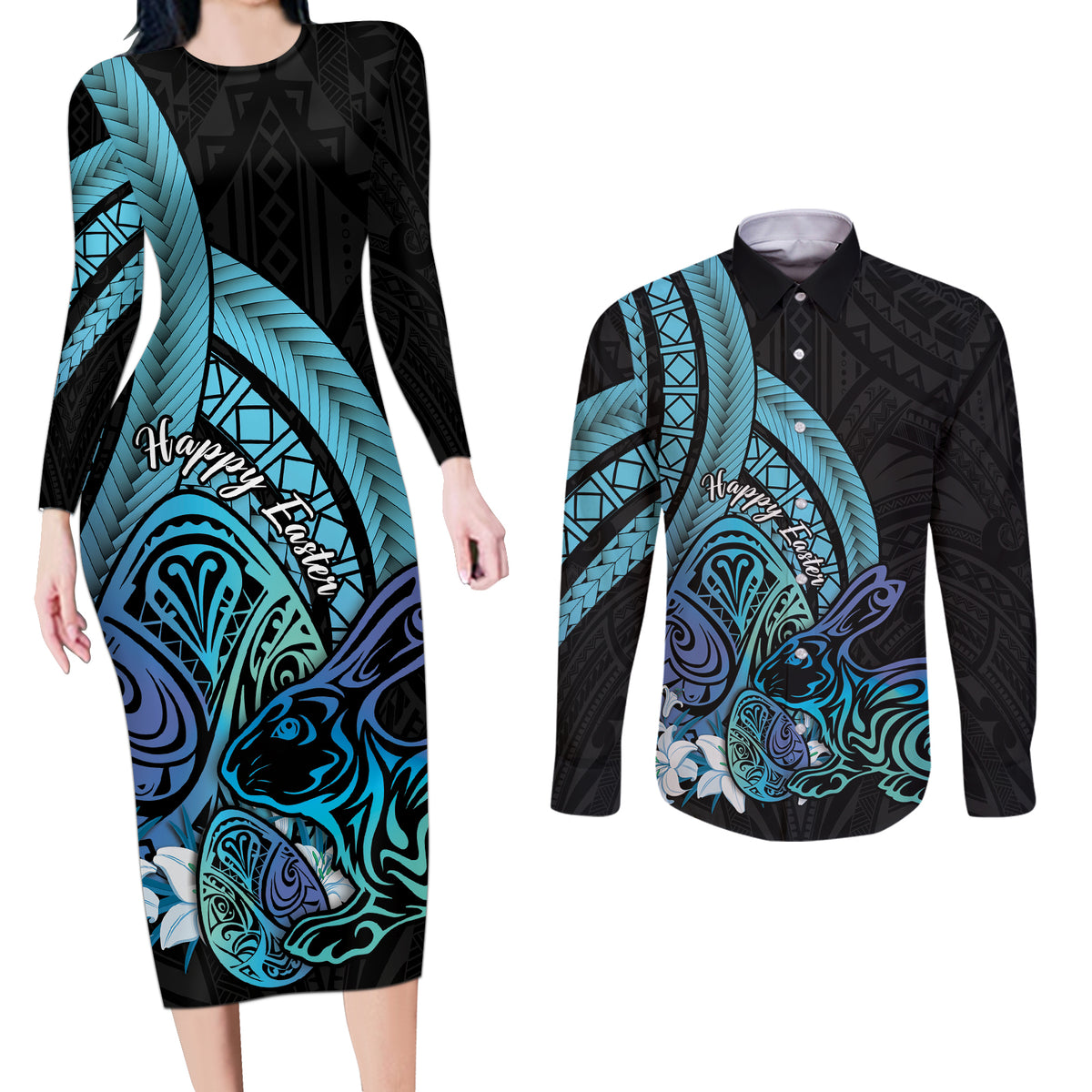 Turquoise Polynesia Easter Day Couples Matching Long Sleeve Bodycon Dress and Long Sleeve Button Shirt Eggs With Bunny Polynesian Pattern