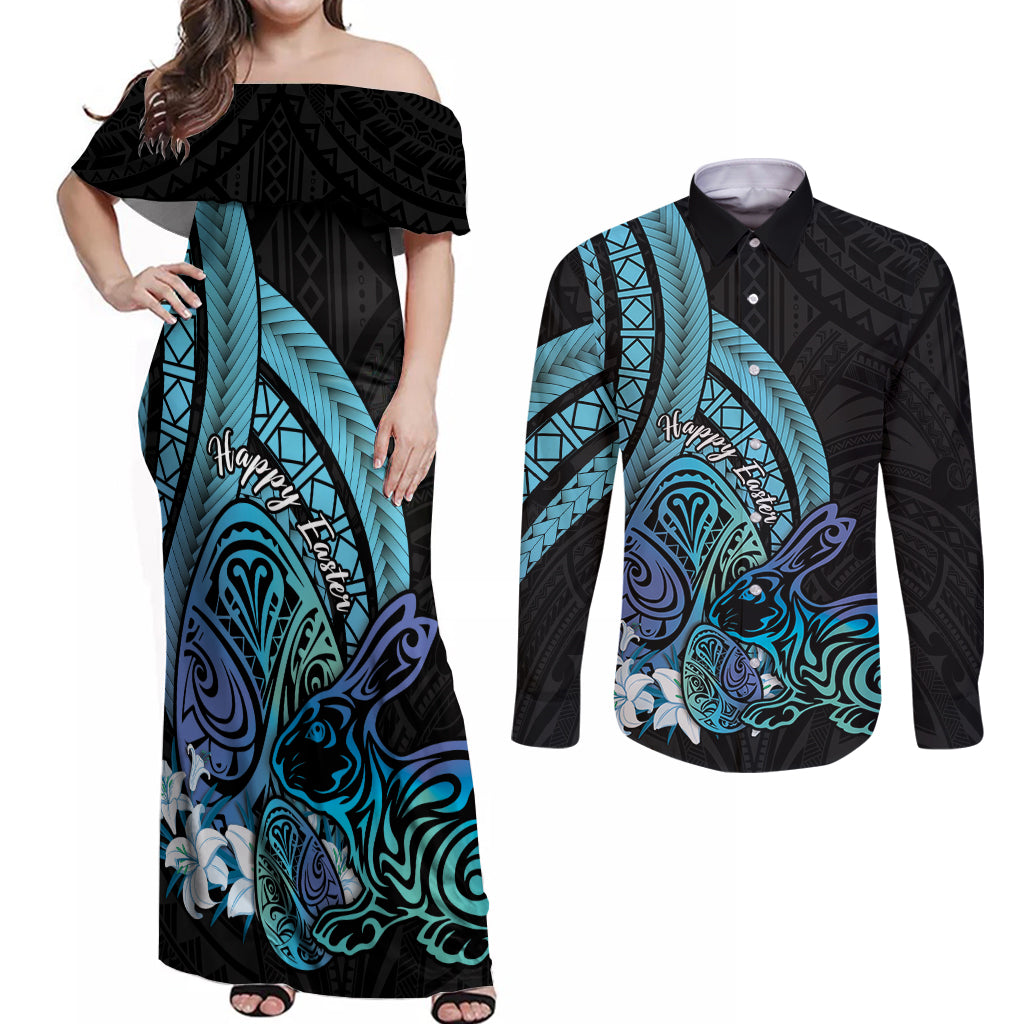 Turquoise Polynesia Easter Day Couples Matching Off Shoulder Maxi Dress and Long Sleeve Button Shirt Eggs With Bunny Polynesian Pattern