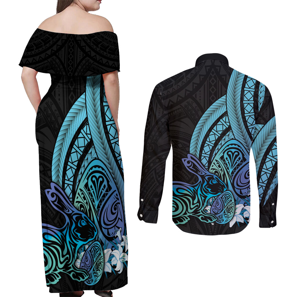 Turquoise Polynesia Easter Day Couples Matching Off Shoulder Maxi Dress and Long Sleeve Button Shirt Eggs With Bunny Polynesian Pattern