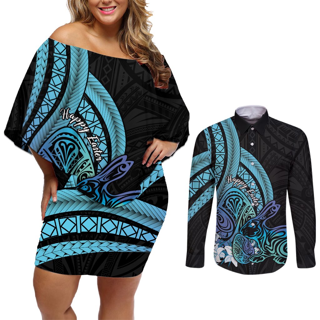 Turquoise Polynesia Easter Day Couples Matching Off Shoulder Short Dress and Long Sleeve Button Shirt Eggs With Bunny Polynesian Pattern