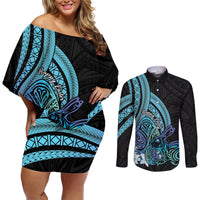 Turquoise Polynesia Easter Day Couples Matching Off Shoulder Short Dress and Long Sleeve Button Shirt Eggs With Bunny Polynesian Pattern