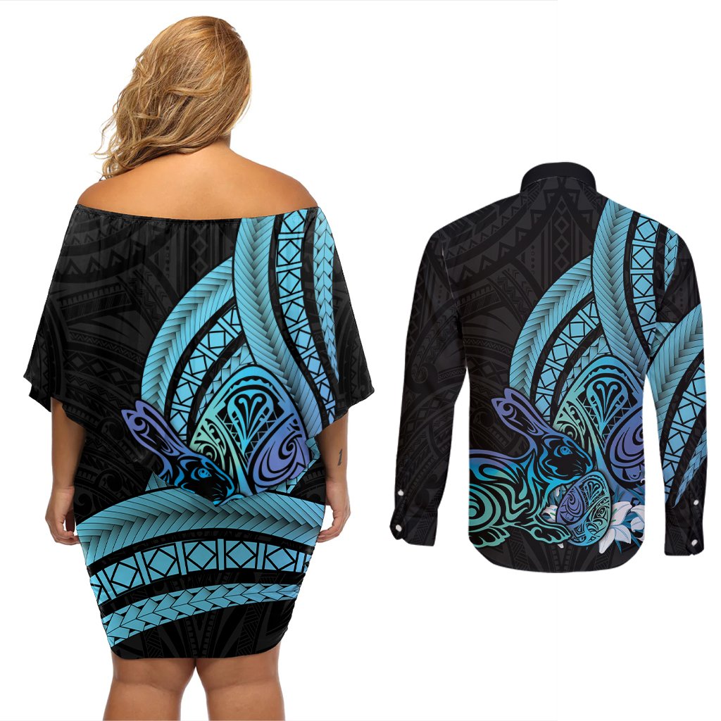 Turquoise Polynesia Easter Day Couples Matching Off Shoulder Short Dress and Long Sleeve Button Shirt Eggs With Bunny Polynesian Pattern