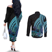Turquoise Polynesia Easter Day Couples Matching Off The Shoulder Long Sleeve Dress and Long Sleeve Button Shirt Eggs With Bunny Polynesian Pattern