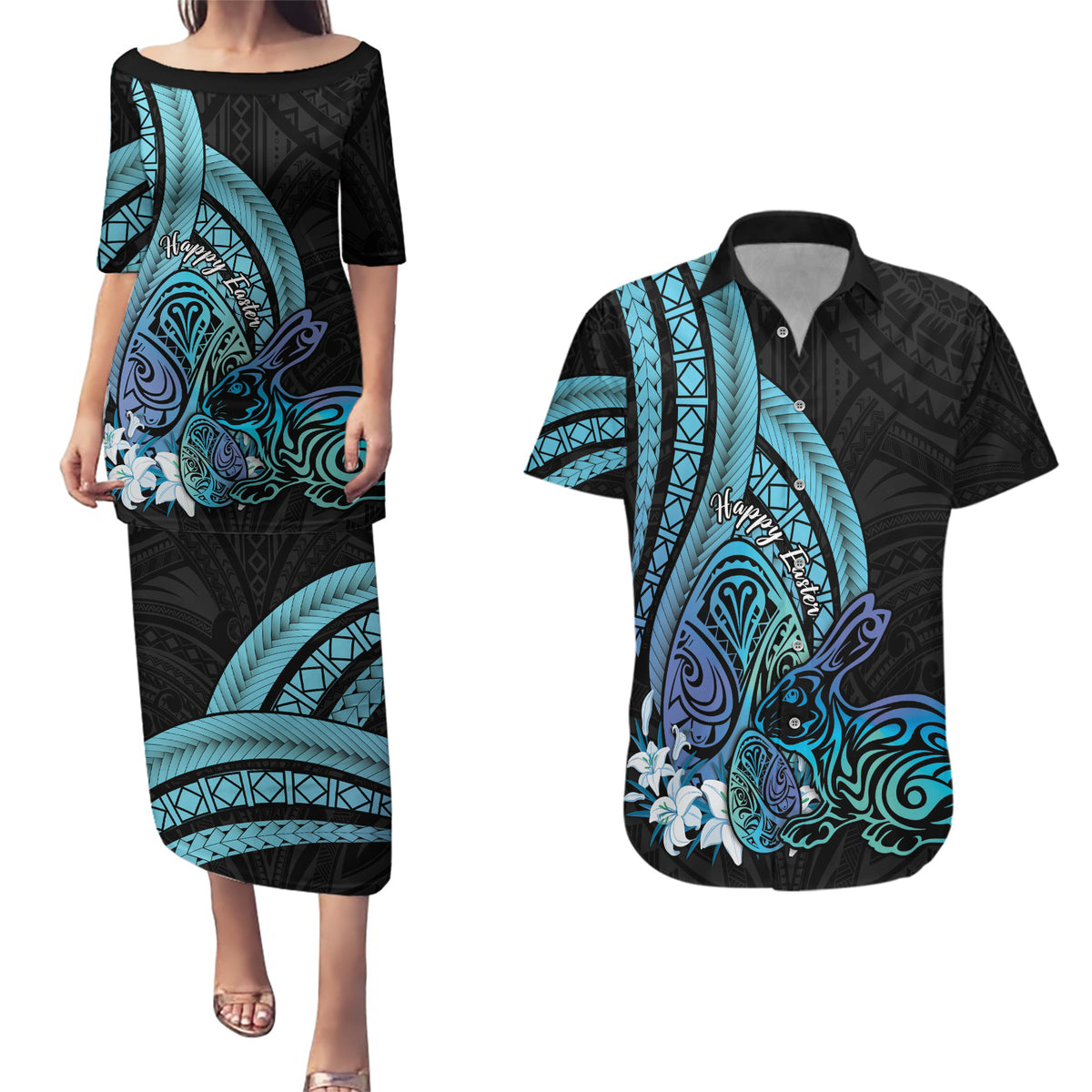 Turquoise Polynesia Easter Day Couples Matching Puletasi and Hawaiian Shirt Eggs With Bunny Polynesian Pattern