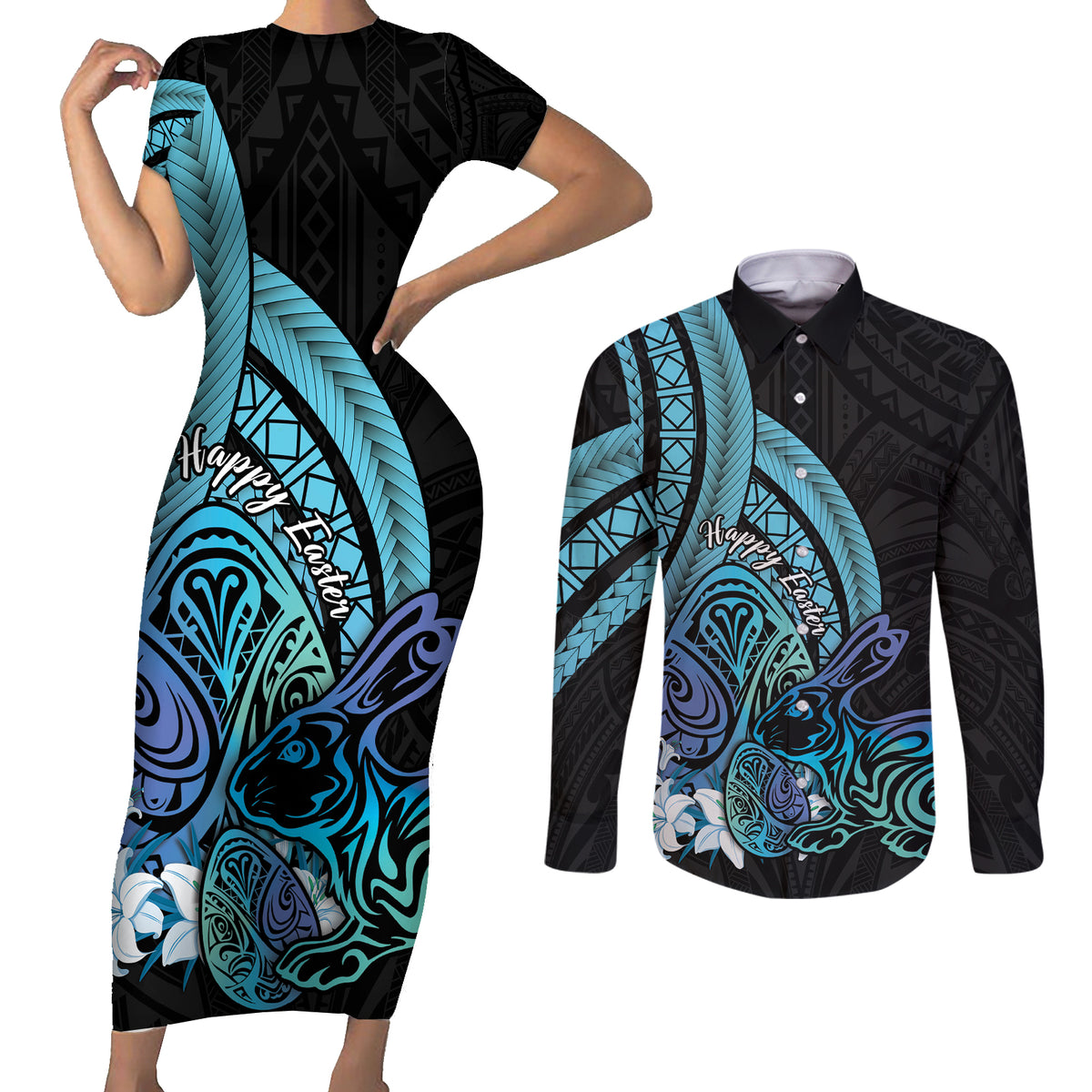 Turquoise Polynesia Easter Day Couples Matching Short Sleeve Bodycon Dress and Long Sleeve Button Shirt Eggs With Bunny Polynesian Pattern