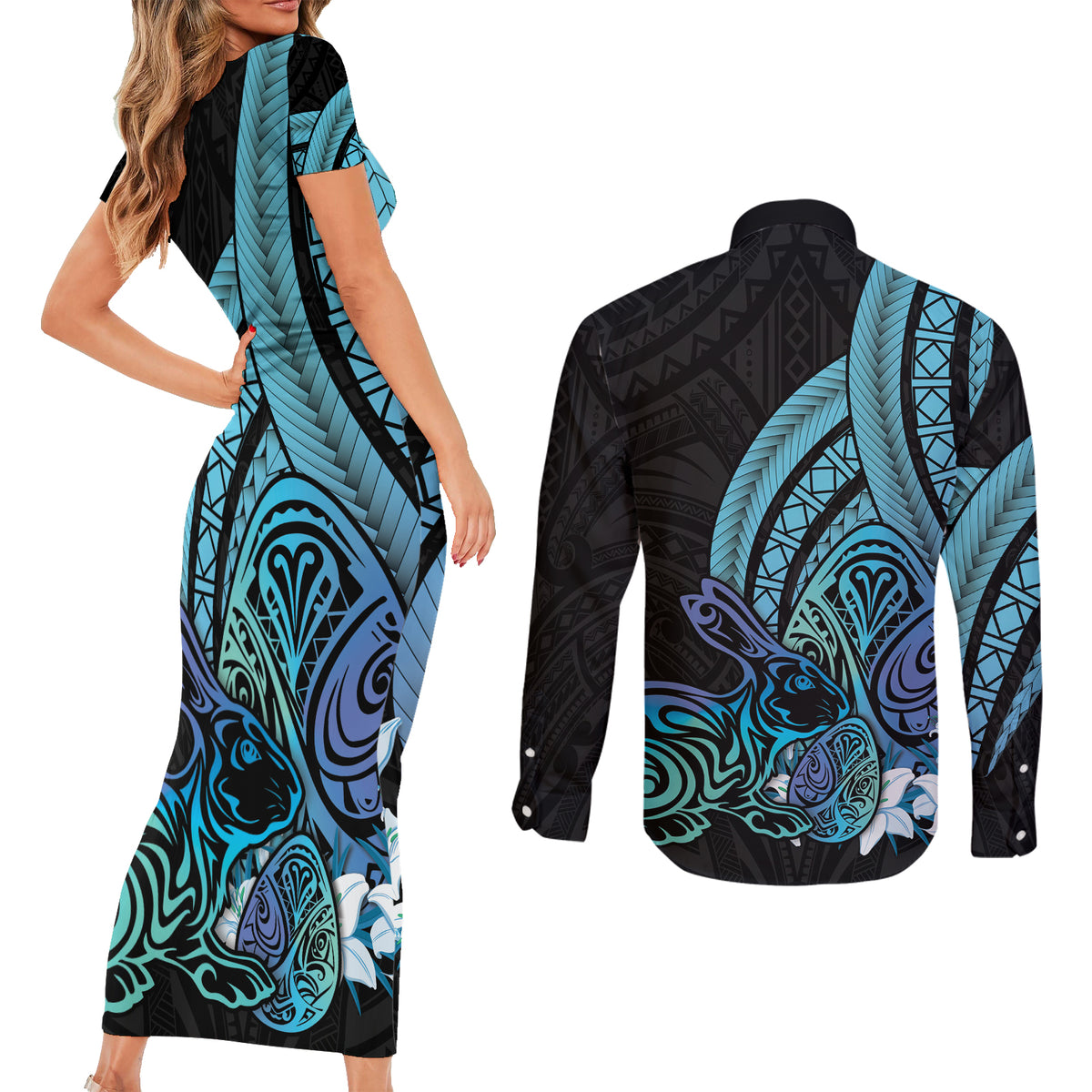 Turquoise Polynesia Easter Day Couples Matching Short Sleeve Bodycon Dress and Long Sleeve Button Shirt Eggs With Bunny Polynesian Pattern