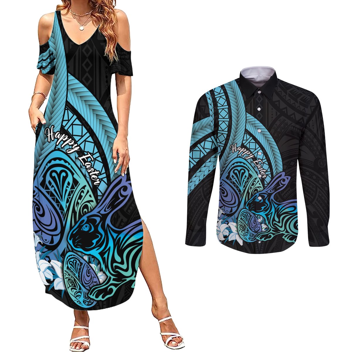 Turquoise Polynesia Easter Day Couples Matching Summer Maxi Dress and Long Sleeve Button Shirt Eggs With Bunny Polynesian Pattern