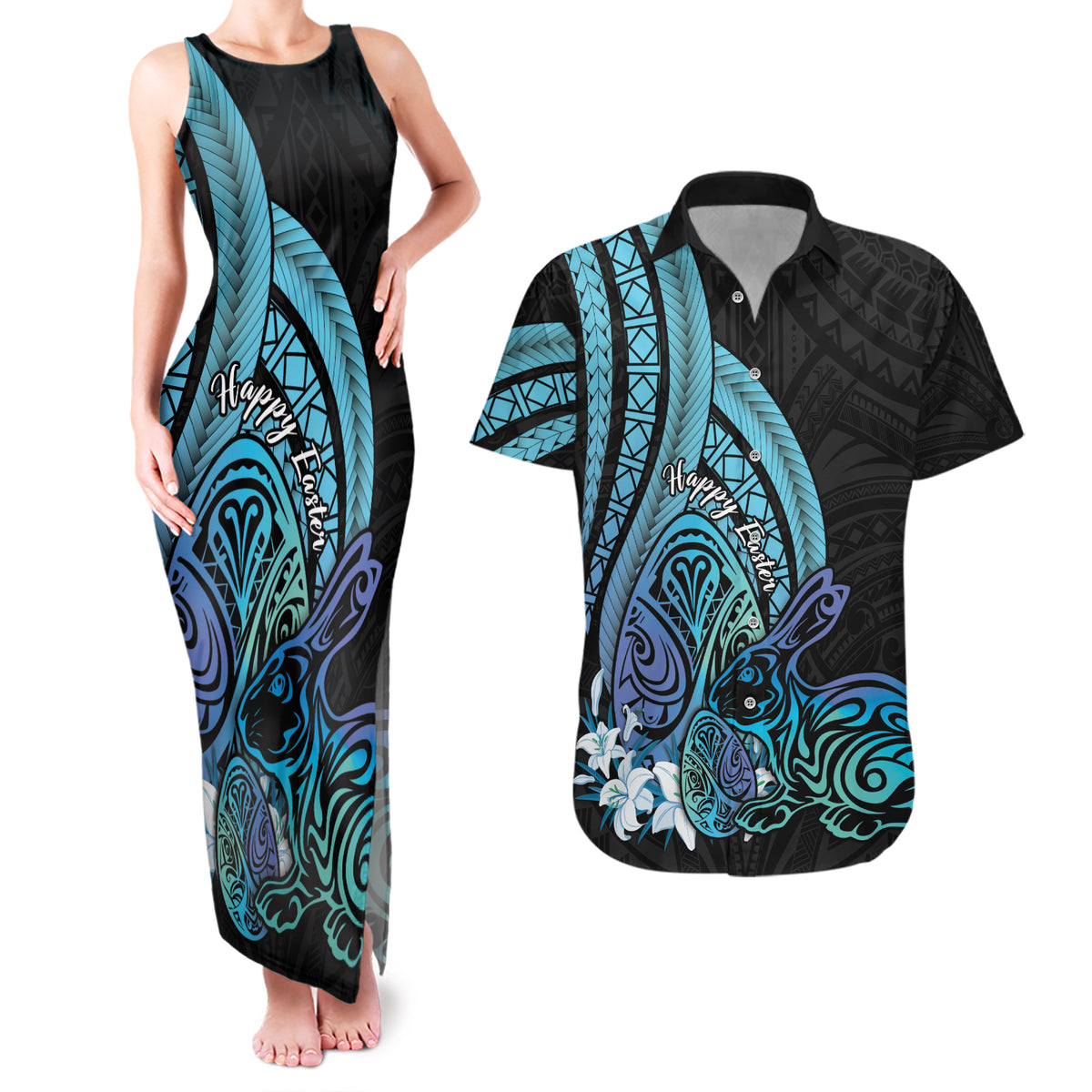 Turquoise Polynesia Easter Day Couples Matching Tank Maxi Dress and Hawaiian Shirt Eggs With Bunny Polynesian Pattern