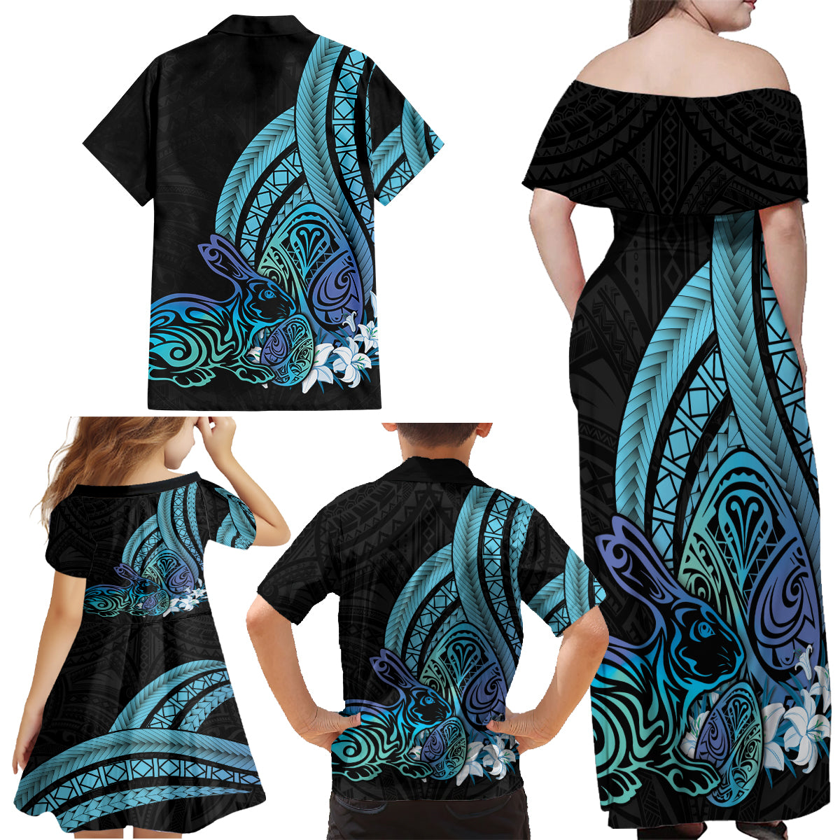Turquoise Polynesia Easter Day Family Matching Off Shoulder Maxi Dress and Hawaiian Shirt Eggs With Bunny Polynesian Pattern