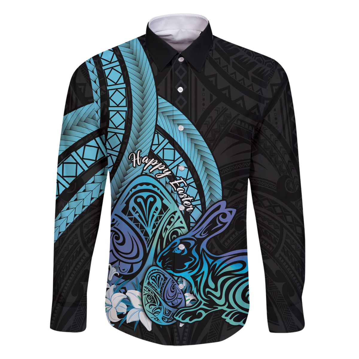 Turquoise Polynesia Easter Day Family Matching Off Shoulder Maxi Dress and Hawaiian Shirt Eggs With Bunny Polynesian Pattern