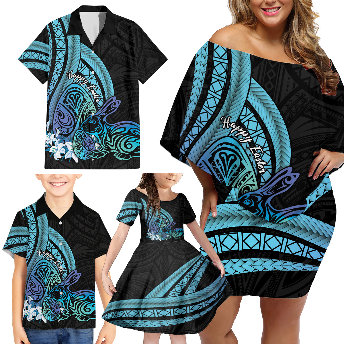 Turquoise Polynesia Easter Day Family Matching Off Shoulder Short Dress and Hawaiian Shirt Eggs With Bunny Polynesian Pattern