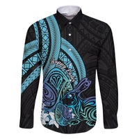 Turquoise Polynesia Easter Day Family Matching Off Shoulder Short Dress and Hawaiian Shirt Eggs With Bunny Polynesian Pattern