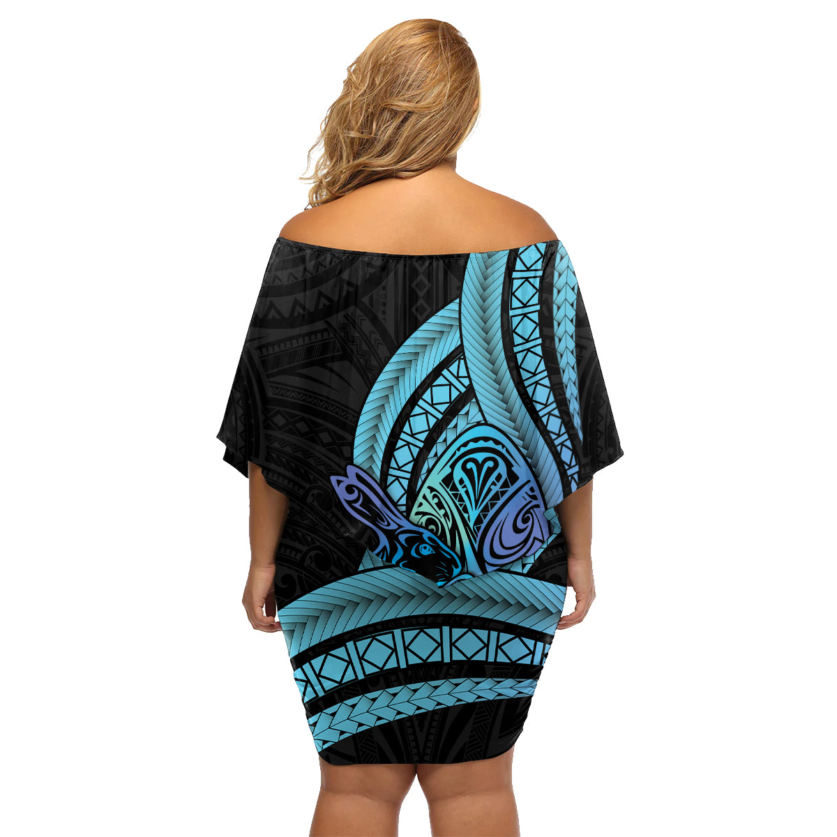 Turquoise Polynesia Easter Day Family Matching Off Shoulder Short Dress and Hawaiian Shirt Eggs With Bunny Polynesian Pattern