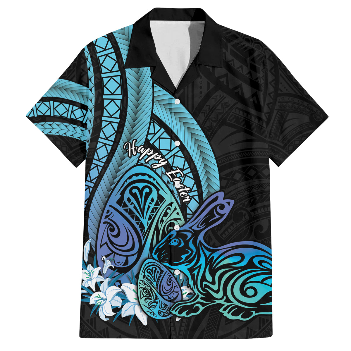 Turquoise Polynesia Easter Day Family Matching Tank Maxi Dress and Hawaiian Shirt Eggs With Bunny Polynesian Pattern