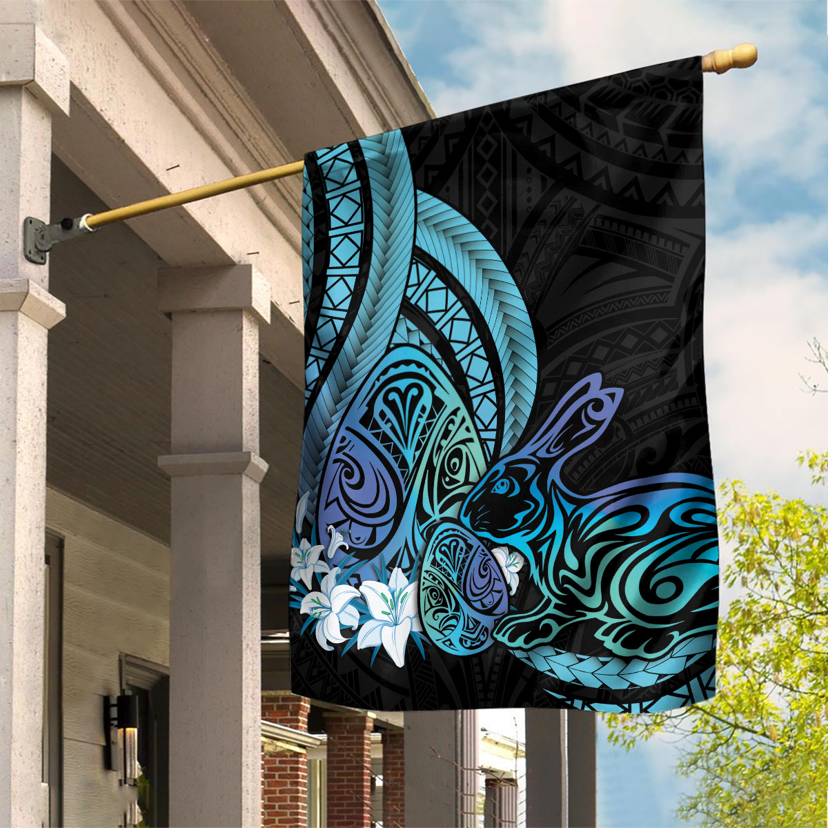 Turquoise Polynesia Easter Day Garden Flag Eggs With Bunny Polynesian Pattern