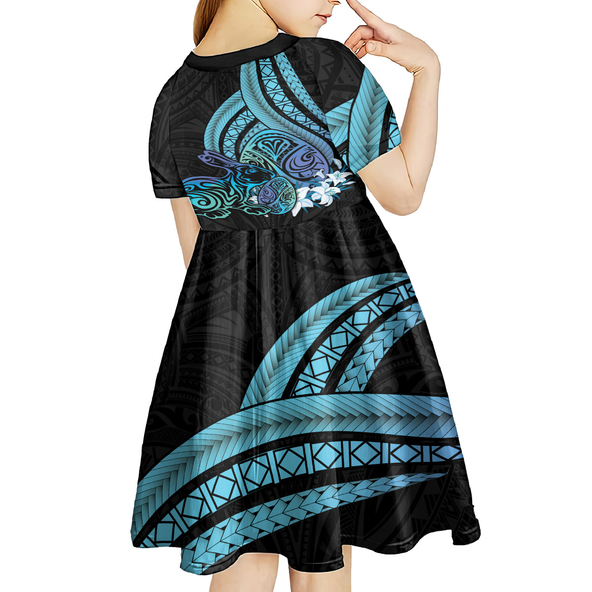 Turquoise Polynesia Easter Day Kid Short Sleeve Dress Eggs With Bunny Polynesian Pattern