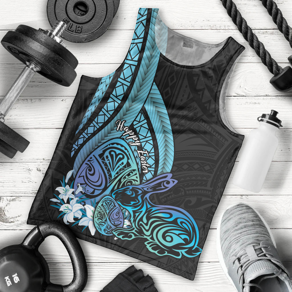 Turquoise Polynesia Easter Day Men Tank Top Eggs With Bunny Polynesian Pattern