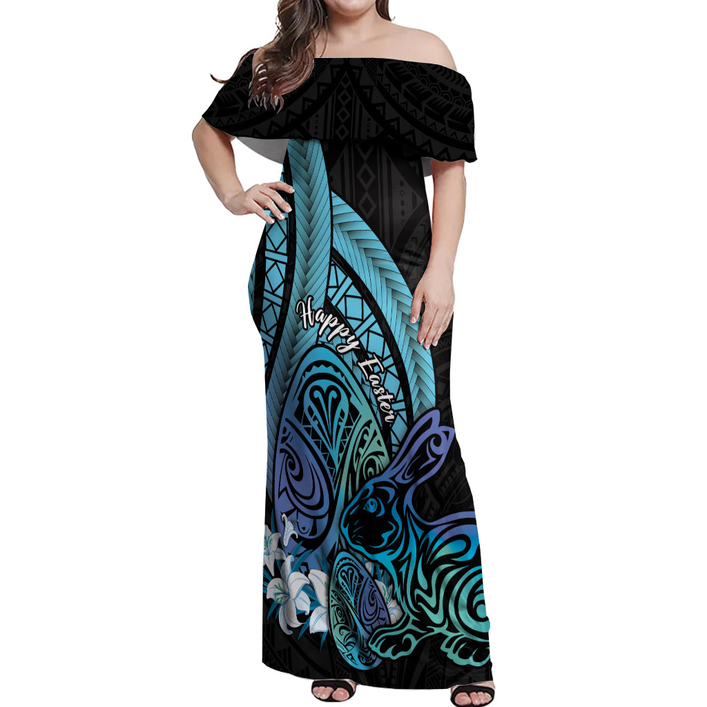 Turquoise Polynesia Easter Day Off Shoulder Maxi Dress Eggs With Bunny Polynesian Pattern