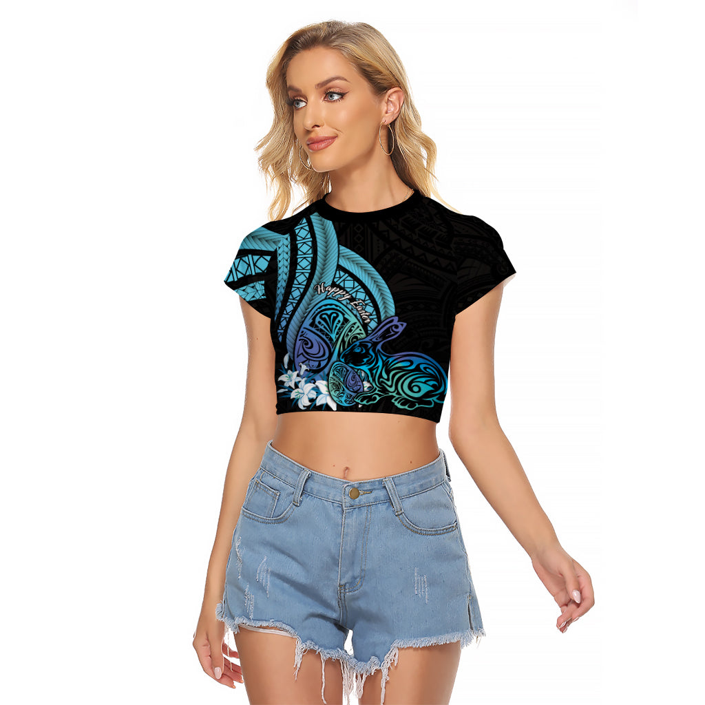Turquoise Polynesia Easter Day Raglan Cropped T Shirt Eggs With Bunny Polynesian Pattern