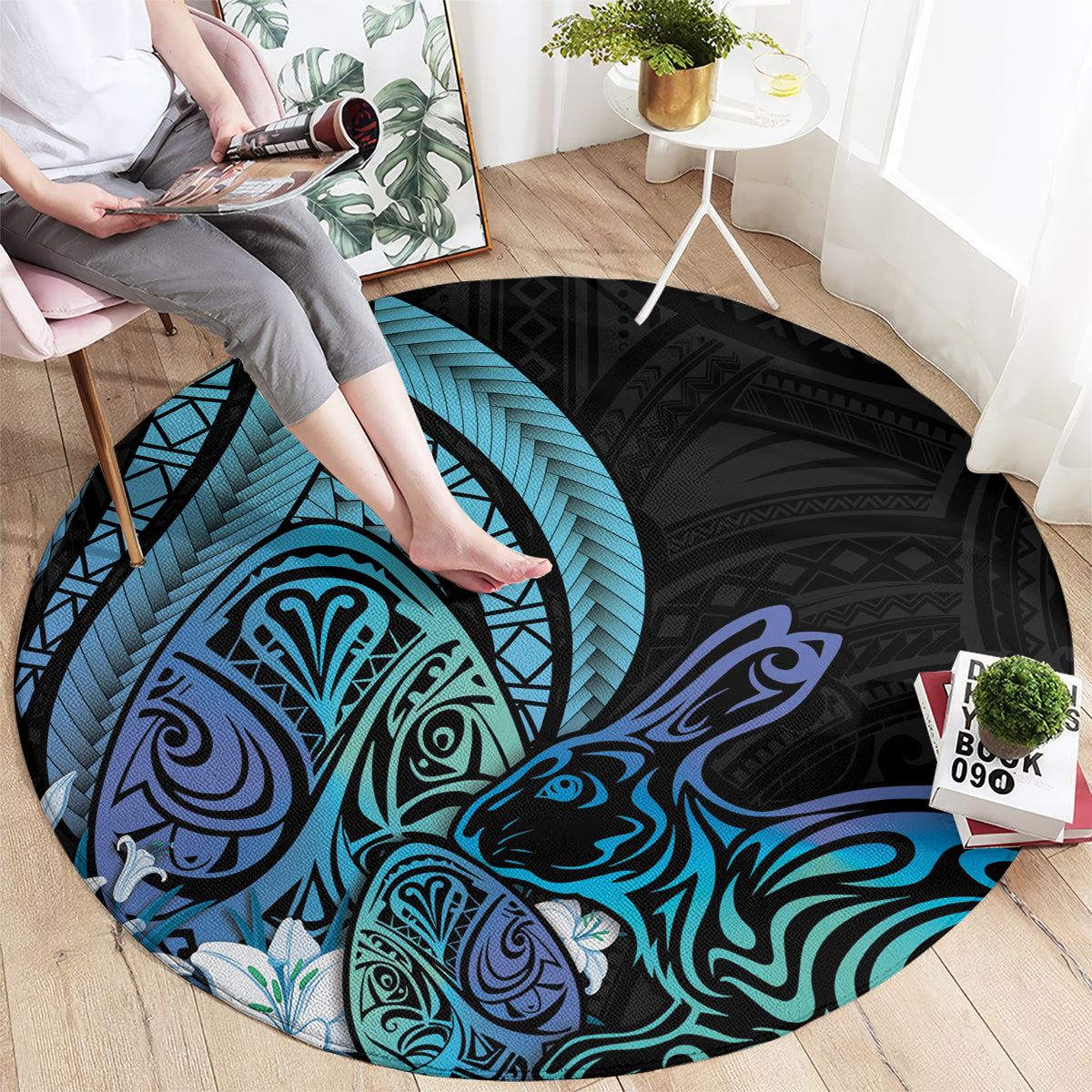 Turquoise Polynesia Easter Day Round Carpet Eggs With Bunny Polynesian Pattern
