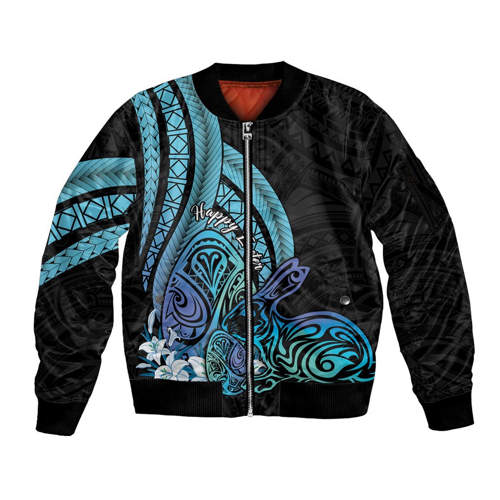 Turquoise Polynesia Easter Day Sleeve Zip Bomber Jacket Eggs With Bunny Polynesian Pattern LT14 Unisex Turquoise - Polynesian Pride
