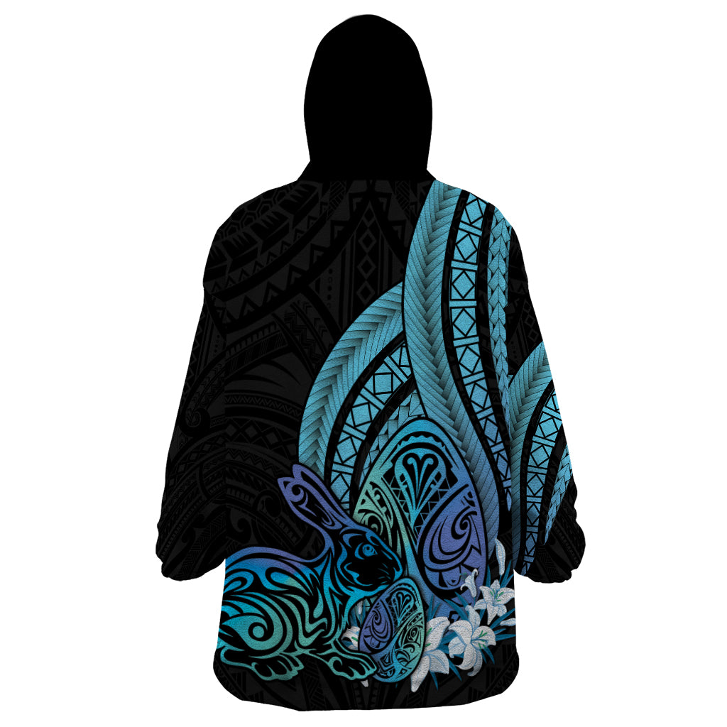 Turquoise Polynesia Easter Day Wearable Blanket Hoodie Eggs With Bunny Polynesian Pattern