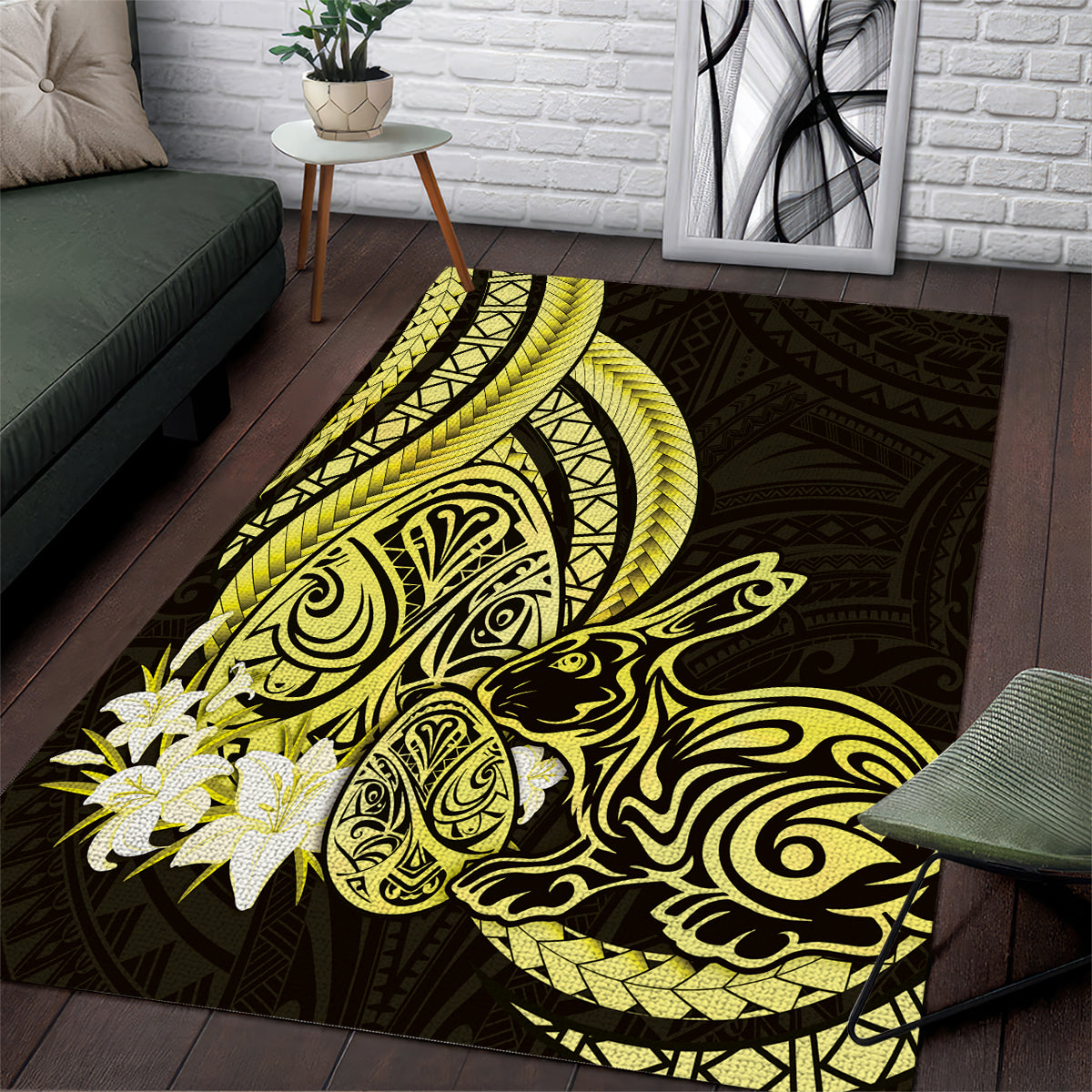 Yellow Polynesia Easter Day Area Rug Eggs With Bunny Polynesian Pattern