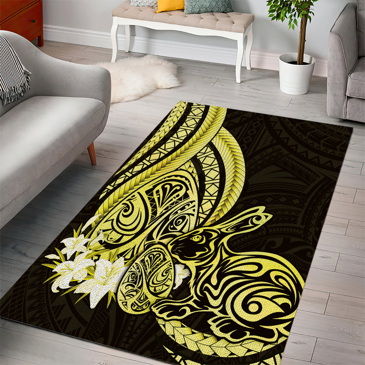 Yellow Polynesia Easter Day Area Rug Eggs With Bunny Polynesian Pattern