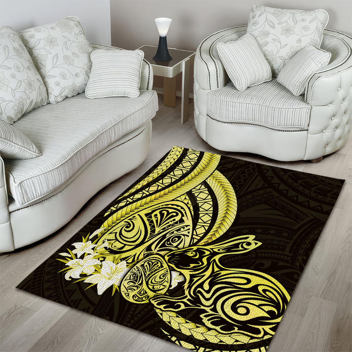 Yellow Polynesia Easter Day Area Rug Eggs With Bunny Polynesian Pattern
