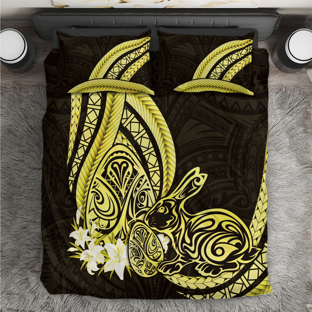 Yellow Polynesia Easter Day Bedding Set Eggs With Bunny Polynesian Pattern