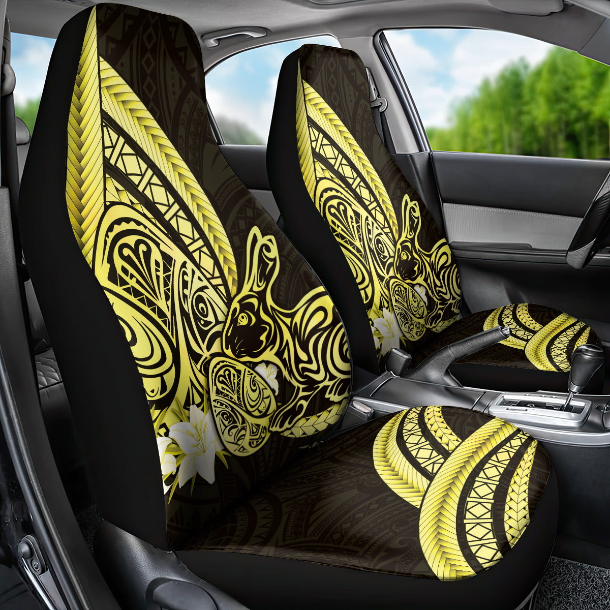 Yellow Polynesia Easter Day Car Seat Cover Eggs With Bunny Polynesian Pattern