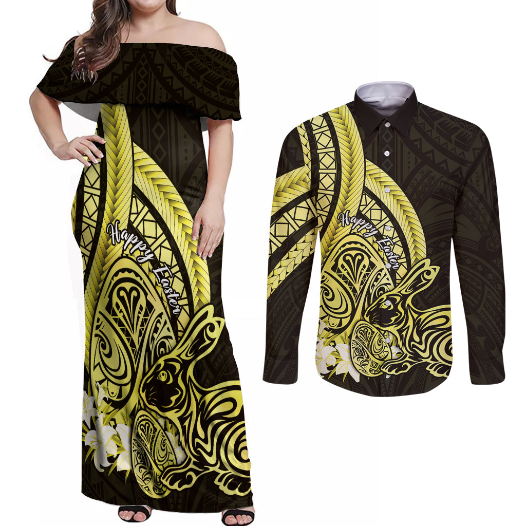 Yellow Polynesia Easter Day Couples Matching Off Shoulder Maxi Dress and Long Sleeve Button Shirt Eggs With Bunny Polynesian Pattern LT14 Yellow - Polynesian Pride