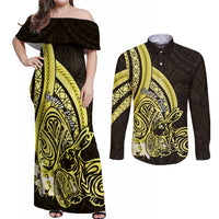 Yellow Polynesia Easter Day Couples Matching Off Shoulder Maxi Dress and Long Sleeve Button Shirt Eggs With Bunny Polynesian Pattern LT14 Yellow - Polynesian Pride