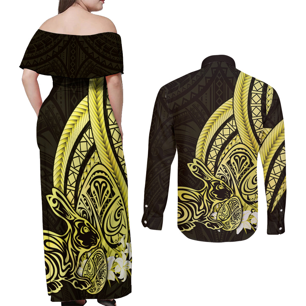 Yellow Polynesia Easter Day Couples Matching Off Shoulder Maxi Dress and Long Sleeve Button Shirt Eggs With Bunny Polynesian Pattern LT14 - Polynesian Pride