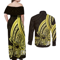 Yellow Polynesia Easter Day Couples Matching Off Shoulder Maxi Dress and Long Sleeve Button Shirt Eggs With Bunny Polynesian Pattern LT14 - Polynesian Pride