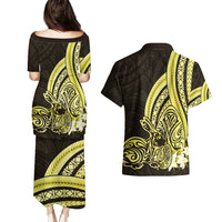 Yellow Polynesia Easter Day Couples Matching Puletasi and Hawaiian Shirt Eggs With Bunny Polynesian Pattern