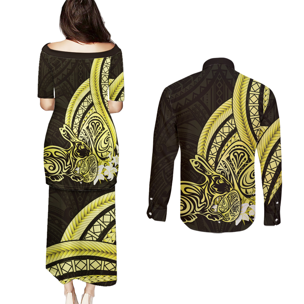 Yellow Polynesia Easter Day Couples Matching Puletasi and Long Sleeve Button Shirt Eggs With Bunny Polynesian Pattern