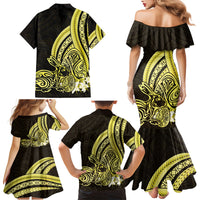 Yellow Polynesia Easter Day Family Matching Mermaid Dress and Hawaiian Shirt Eggs With Bunny Polynesian Pattern