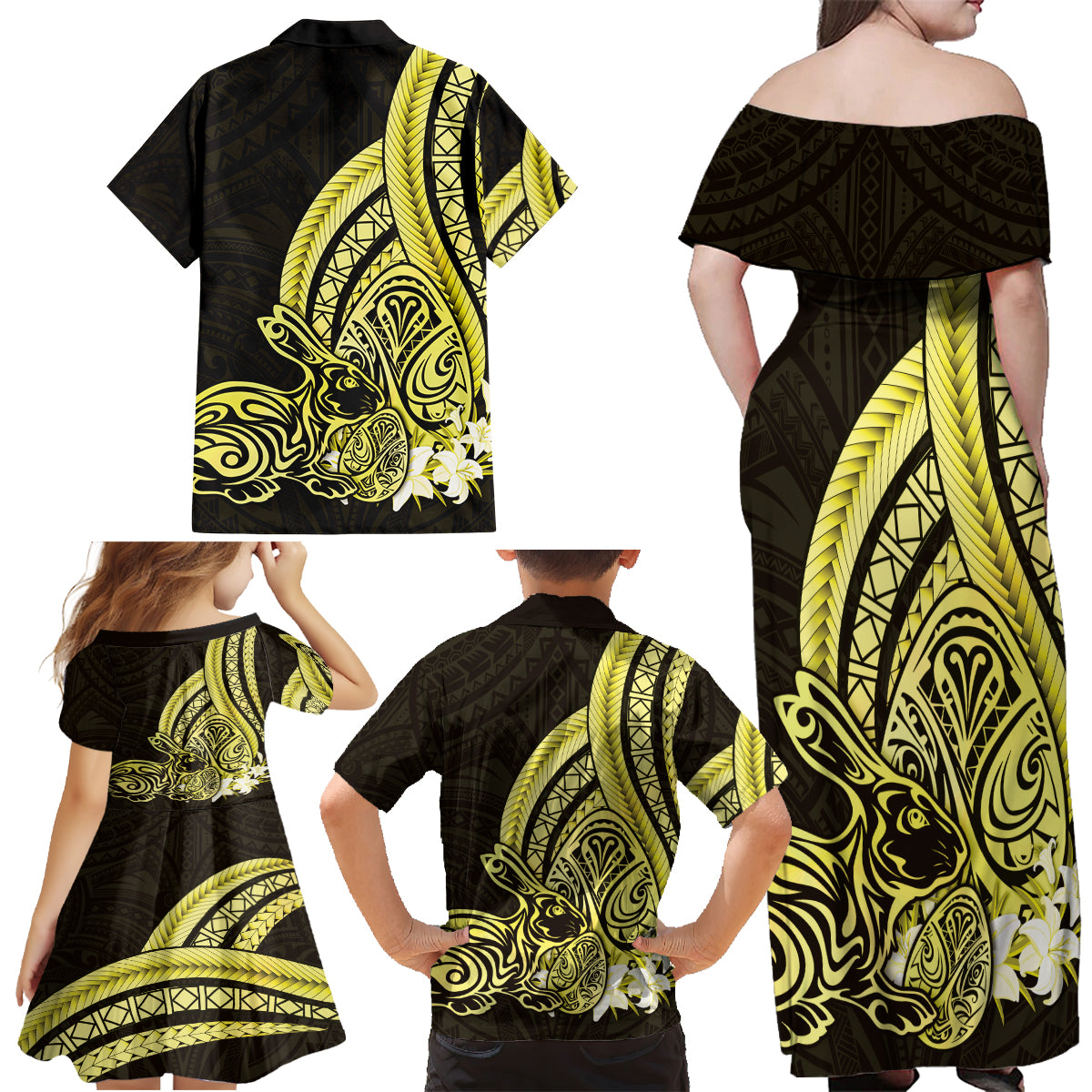 Yellow Polynesia Easter Day Family Matching Off Shoulder Maxi Dress and Hawaiian Shirt Eggs With Bunny Polynesian Pattern