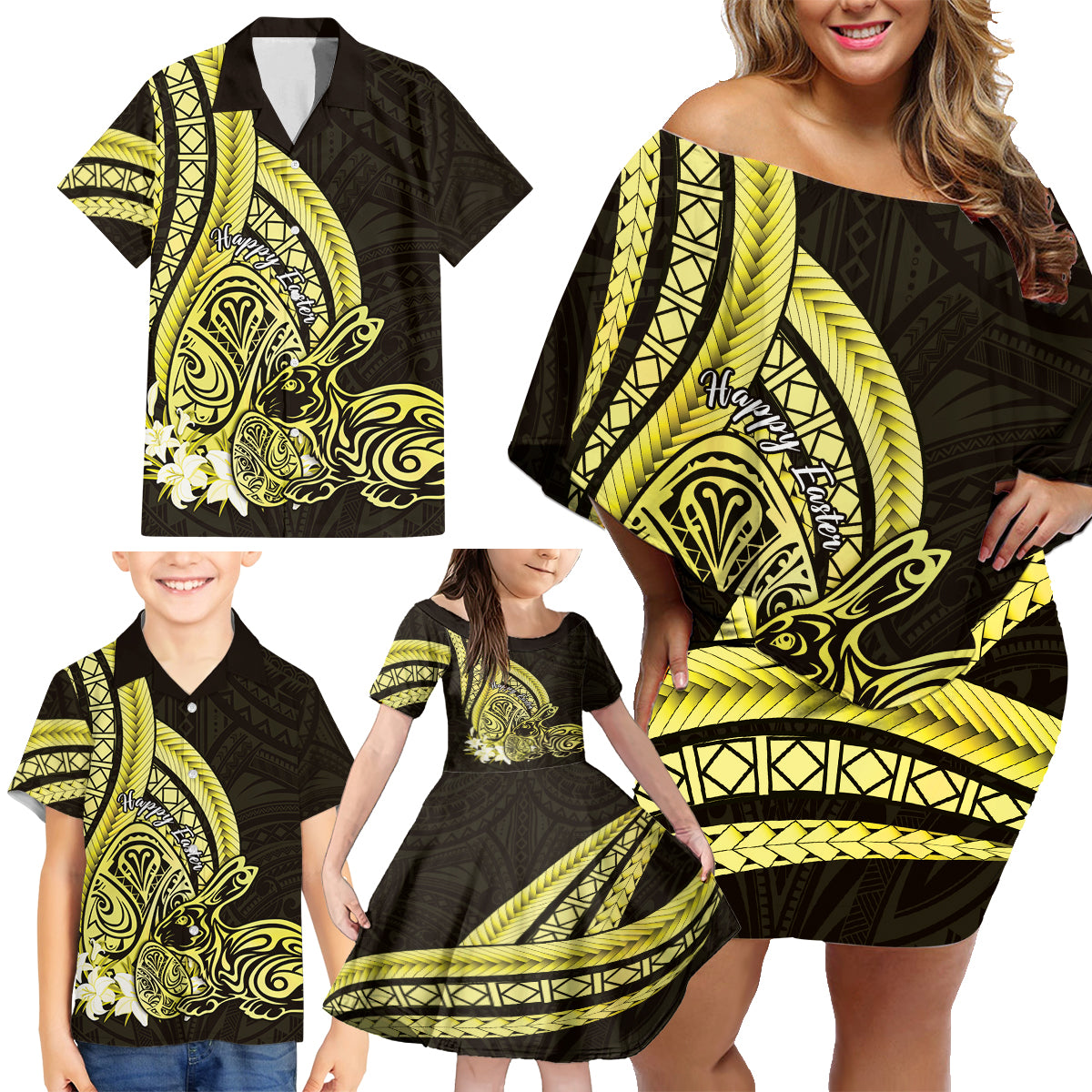 Yellow Polynesia Easter Day Family Matching Off Shoulder Short Dress and Hawaiian Shirt Eggs With Bunny Polynesian Pattern