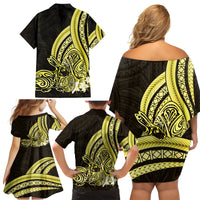 Yellow Polynesia Easter Day Family Matching Off Shoulder Short Dress and Hawaiian Shirt Eggs With Bunny Polynesian Pattern