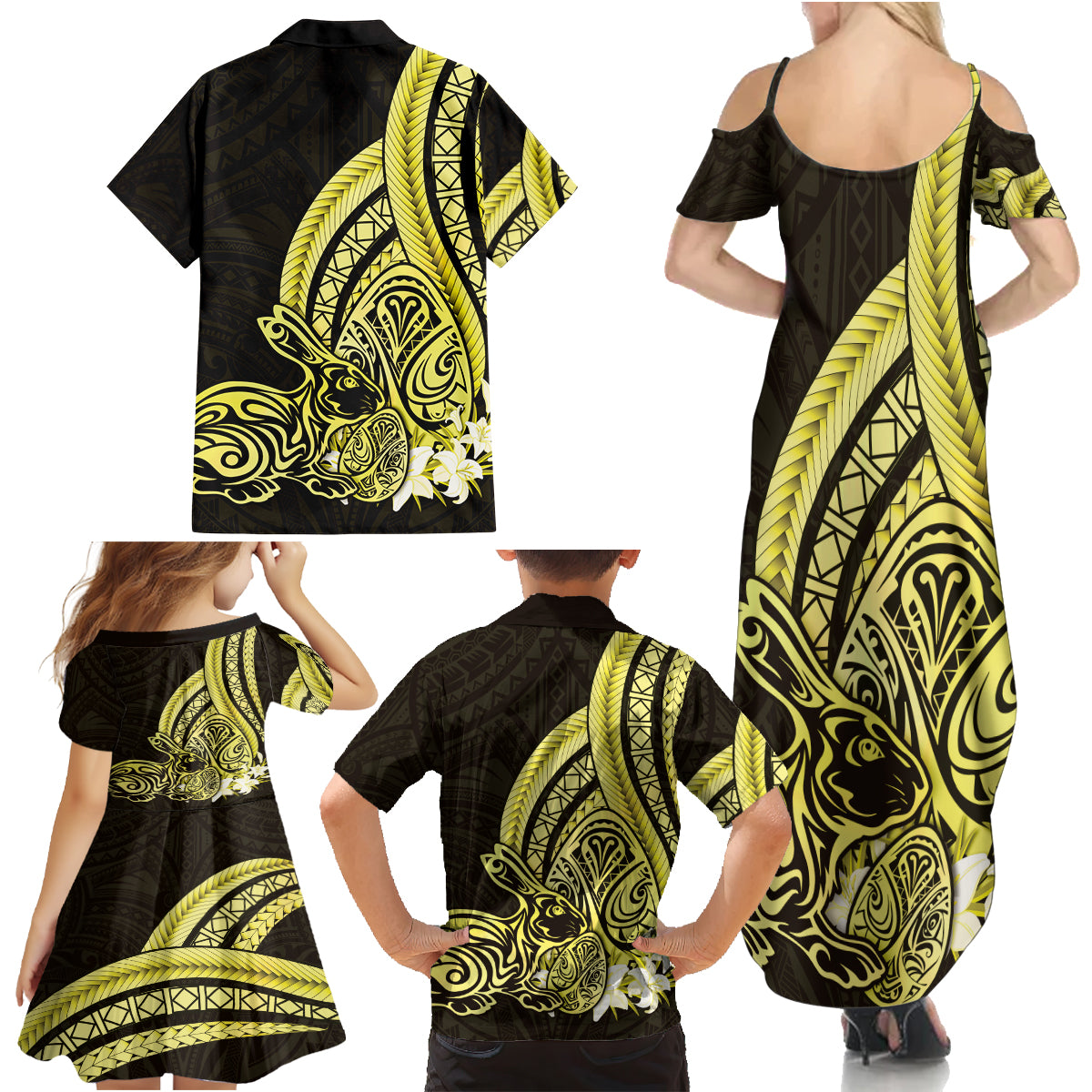 Yellow Polynesia Easter Day Family Matching Summer Maxi Dress and Hawaiian Shirt Eggs With Bunny Polynesian Pattern