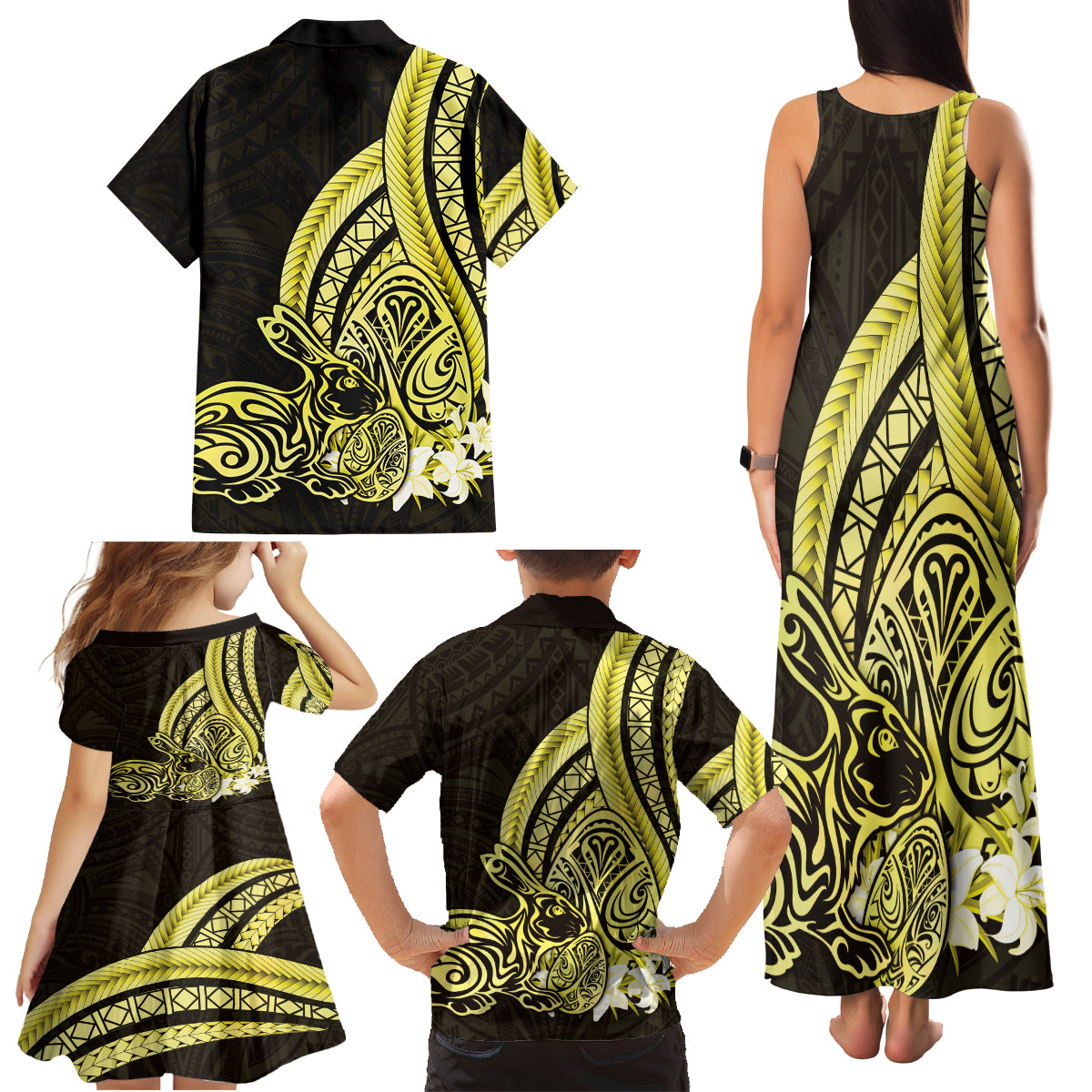 Yellow Polynesia Easter Day Family Matching Tank Maxi Dress and Hawaiian Shirt Eggs With Bunny Polynesian Pattern