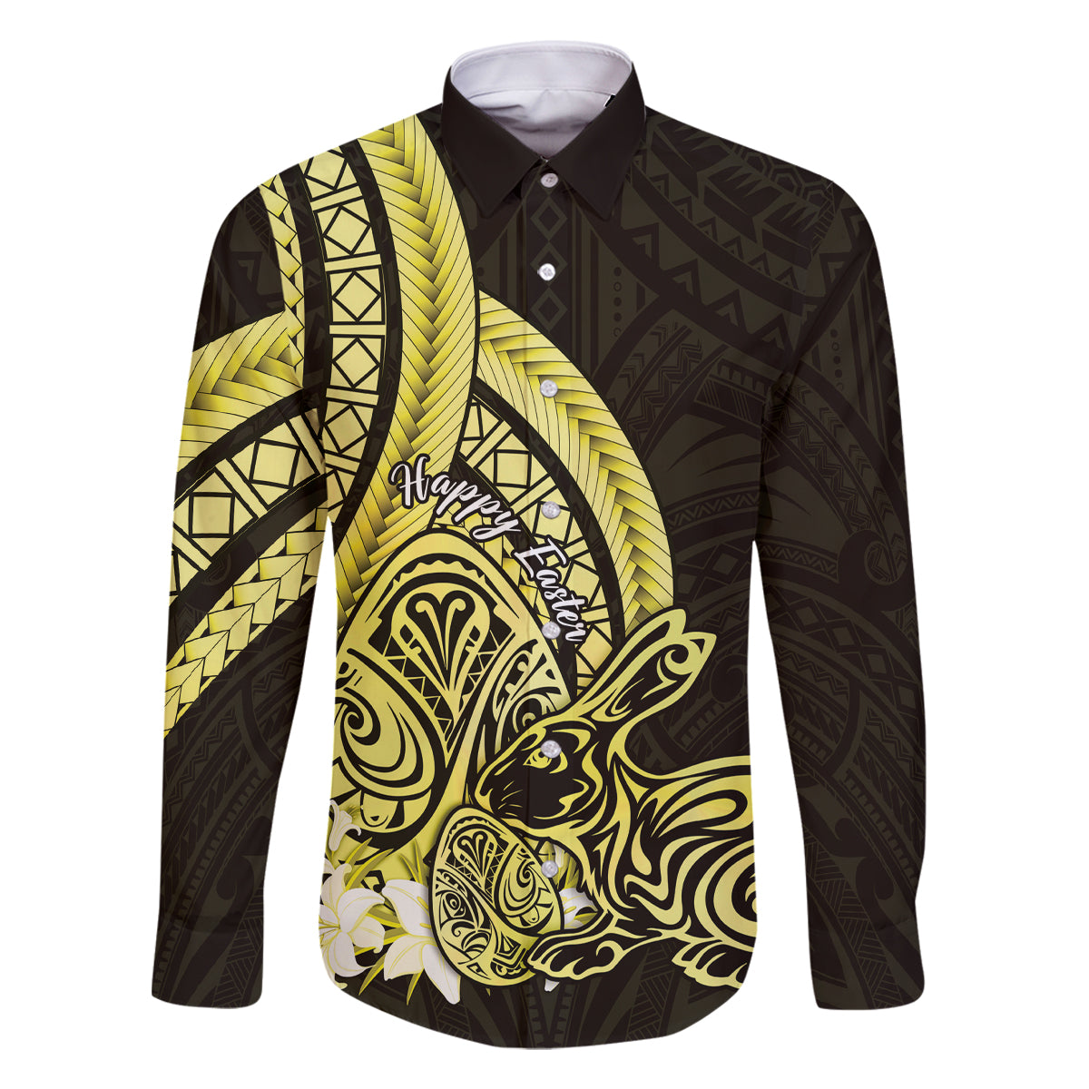 Yellow Polynesia Easter Day Family Matching Tank Maxi Dress and Hawaiian Shirt Eggs With Bunny Polynesian Pattern