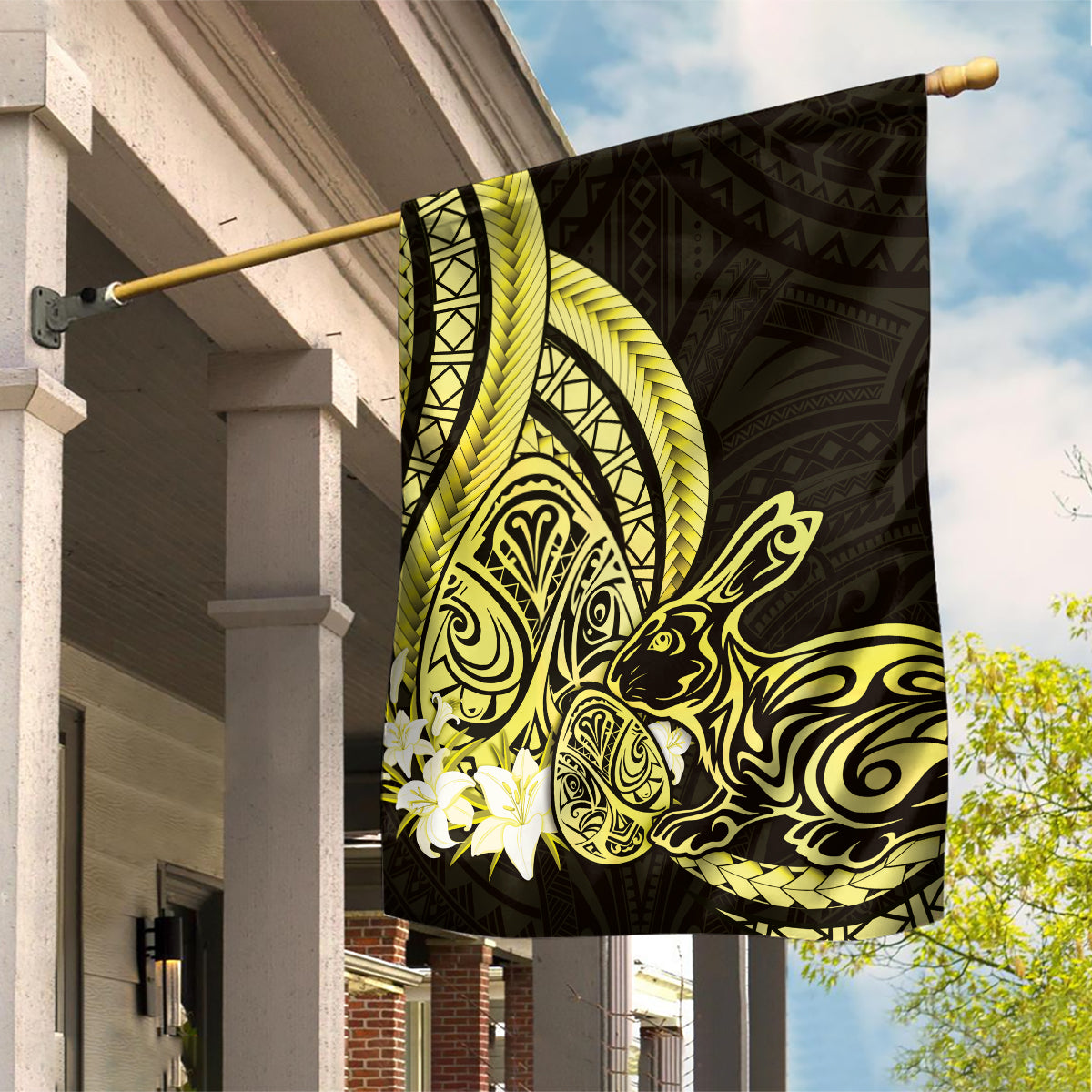 Yellow Polynesia Easter Day Garden Flag Eggs With Bunny Polynesian Pattern