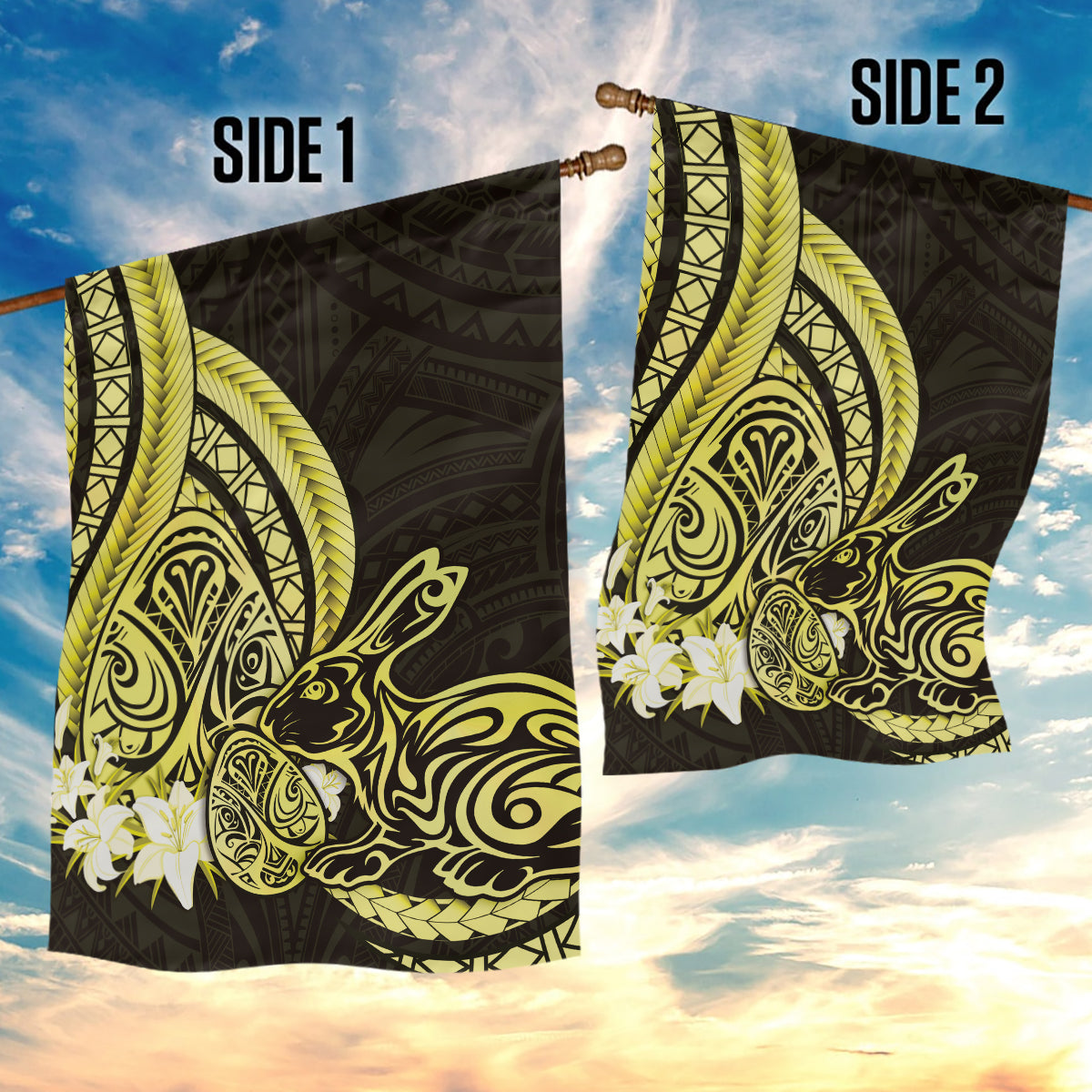 Yellow Polynesia Easter Day Garden Flag Eggs With Bunny Polynesian Pattern